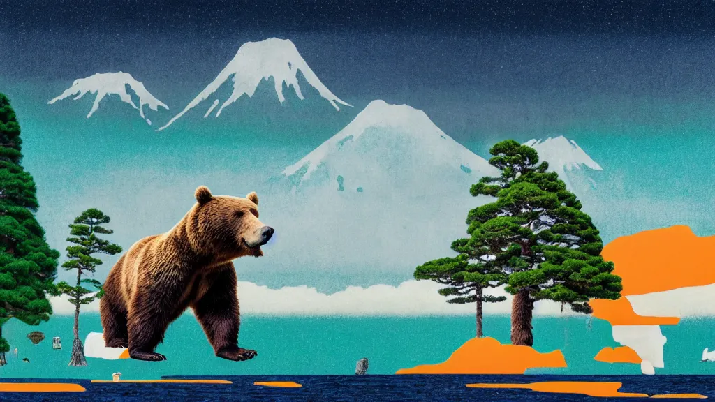 Prompt: seaside landscape with sequoia trees and a bear, japan, a collage painting, in the style of wes anderson, lola dupre, david hockney, isolated on negative white space background dark monochrome neon spraypaint accents volumetric octane render