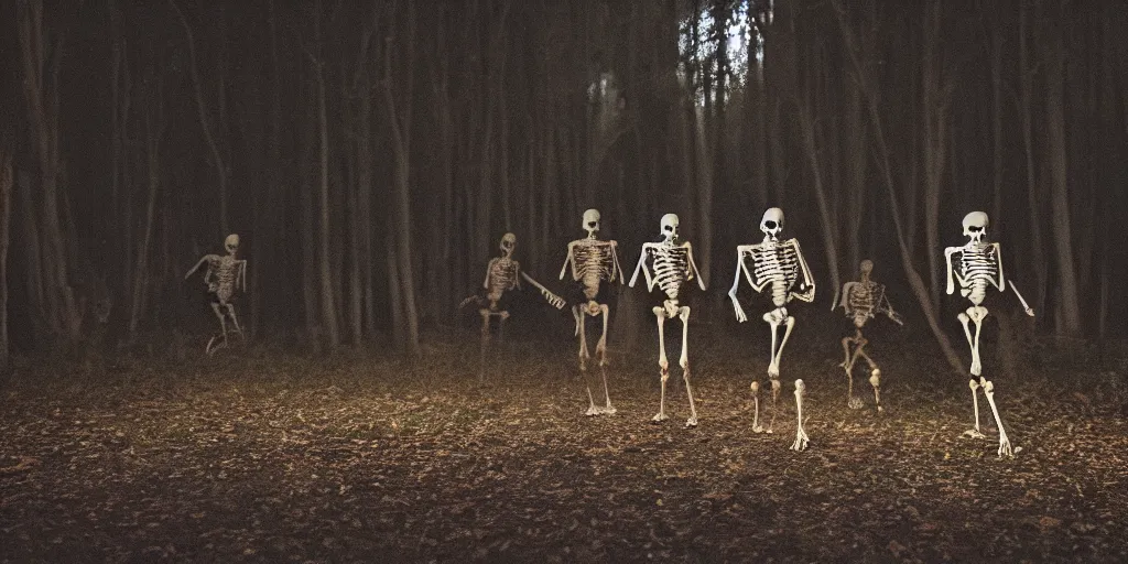 Prompt: low quality amateur home video of skeletons running through a dimly lit dark forest at night, photorealistic amateur photography low camera angle tilted camera