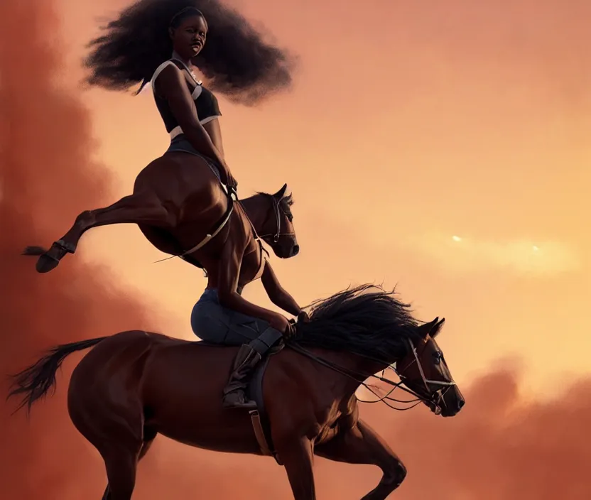 Prompt: full body portrait of beautiful black woman riding a thoroughbred, cinematic, highly detailed, digital painting, artstation, concept art, smooth, sharp focus, illustration, face by wlop, illustrated by mars ravelo and greg rutkowski