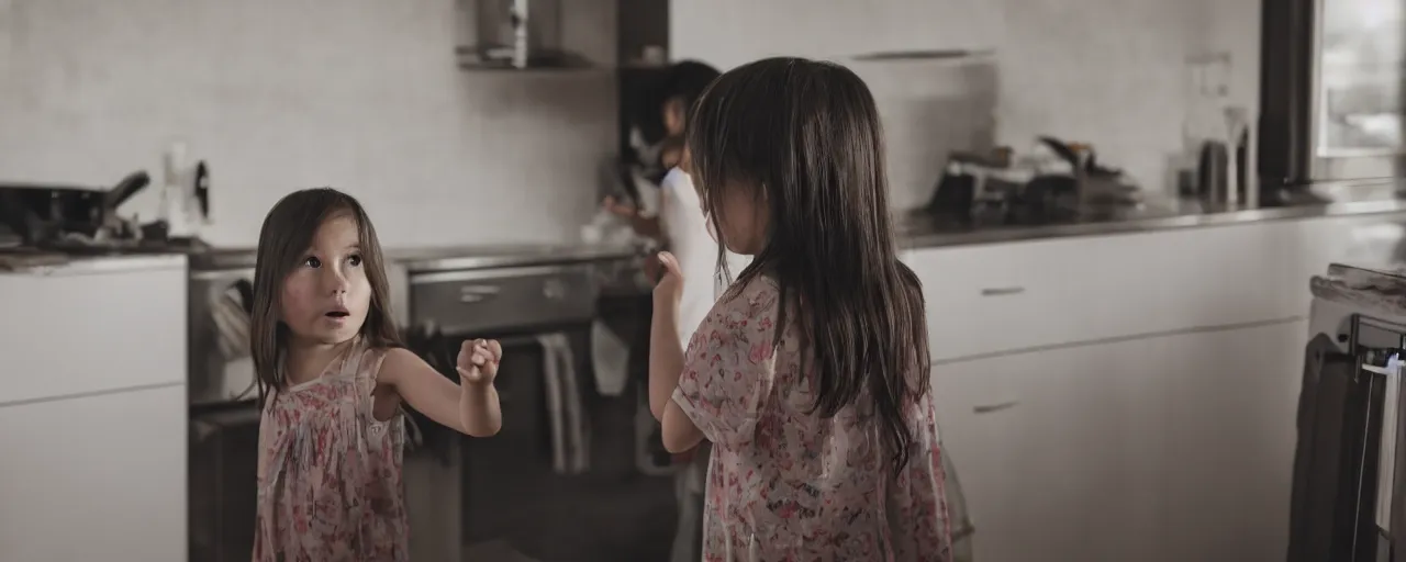 Prompt: cinematic shot of a little girl seeing her parents argue in the kitchen, dark, shot on 24mm Arri Prime f1.9