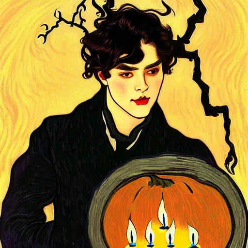 Image similar to painting of young cute handsome beautiful dark medium wavy hair man in his 2 0 s named shadow taehyung and cute handsome beautiful min - jun together at the halloween party, bubbling cauldron, candles, smoke, tarot, autumn colors, elegant, stylized, soft facial features, delicate facial features, art by alphonse mucha, vincent van gogh, egon schiele