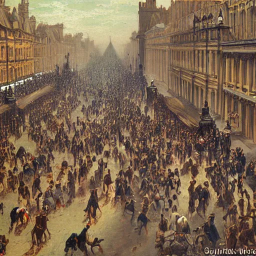 Prompt: epic landscape painting of a crowded london street in 1888