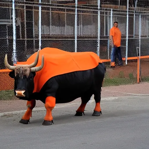 Image similar to bull wearing orange inmate clothes