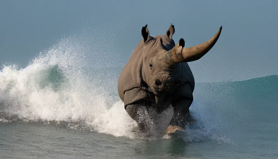 Prompt: A Rhino Surfing in the Sea