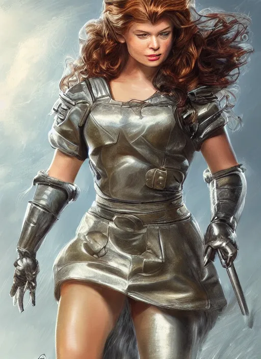 Image similar to beautiful female dorothy gale, rebecca romijn as dorothy, full body character concept, full metal armor, silver metallic, super powers, fantasy, intricate, elegant, highly detailed, digital painting, artstation, concept art, shining, sharp focus, illustration, art by stanley lau