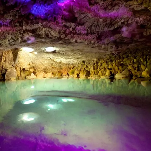 Image similar to inside a cave with a hot spring and the walls of made of amethyst, photo