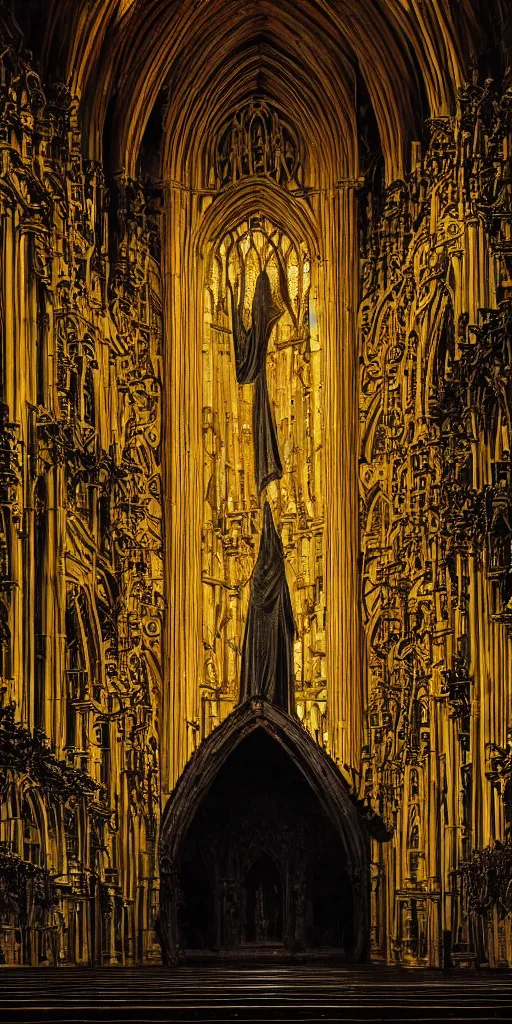 Image similar to a tall pale humanoid being sitting upon an ornate stone throne, 4K, digital art, horror, dramatic, wearing a long yellow rotting garment, dark, hyperrealistic, perspective, complex black church background with volumetric lights coming in through cathedral windows, dark background, highlights,