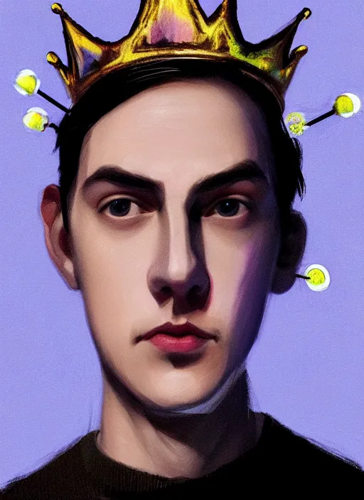 Image similar to portrait of teenage jughead jones wearing a light grey crown, crown, blue turtleneck, 1 9 5 0 s, closed eyes, photorealistic, black hair, glowing lighting, intricate, elegant, glowing lights, highly detailed, digital painting, artstation, concept art, smooth, sharp focus, illustration, art by wlop, mars ravelo and greg rutkowski