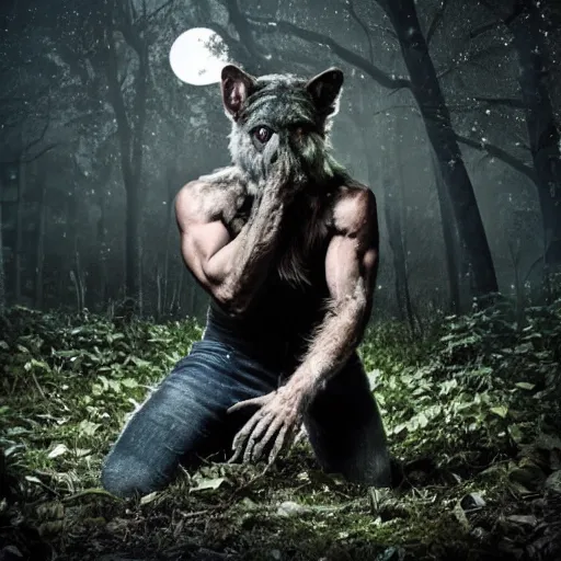 Prompt: photo of a human partially transforming into a werewolf, in the moonlit forest. physiological transformation ; hybrid creature. highly - detailed ; photorealistic.