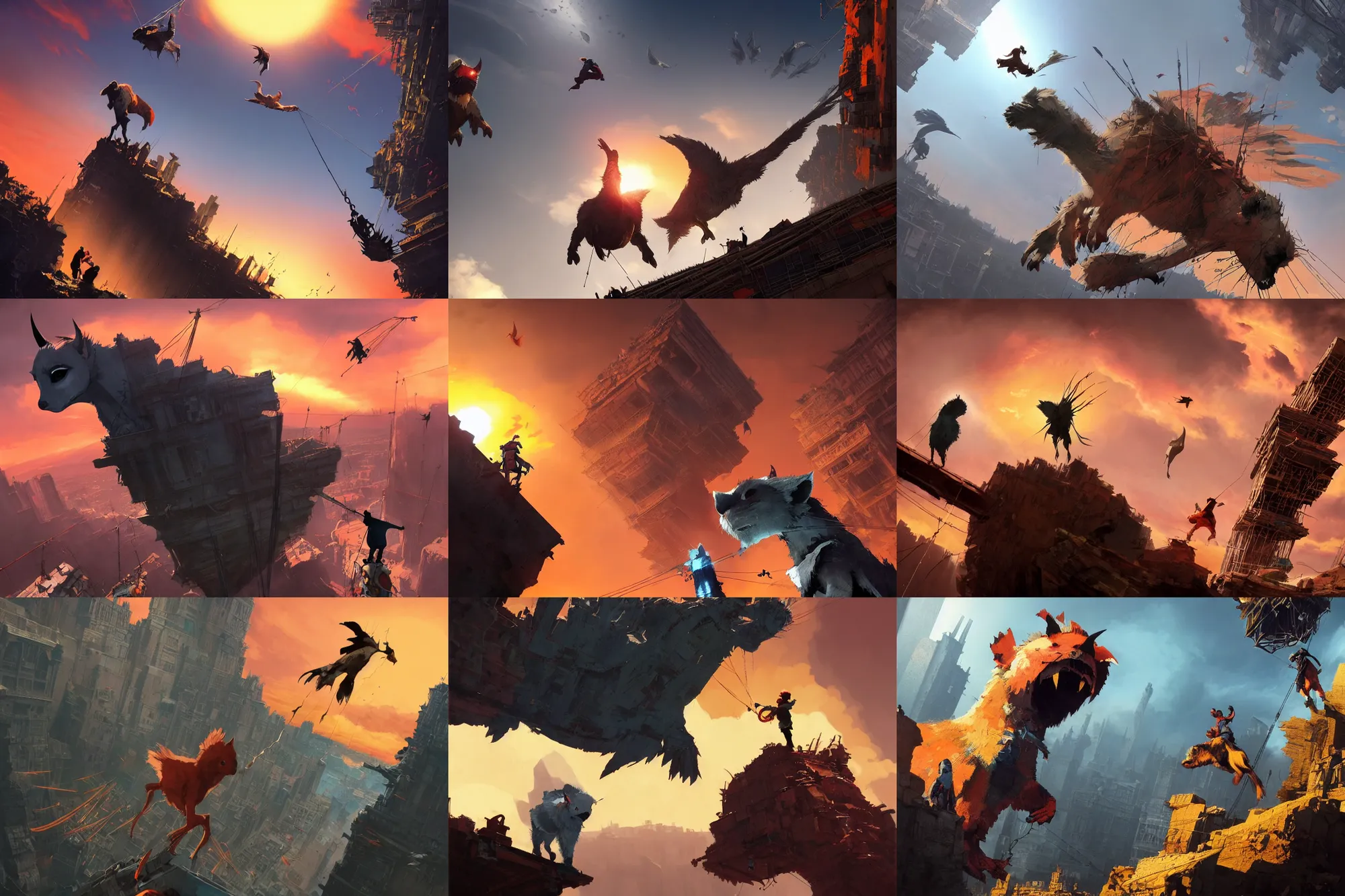 Prompt: incredible screenshot of the last guardian on PS5, blinding red orange sky, dynamic camera angle, deep 3 point perspective, fish eye, dynamic extreme foreshortening, the boy and trico, scaffolding collapsing, huge chasm, by phil hale, ashley wood, geoff darrow, james jean, john berkey, 8k, hd, high resolution print