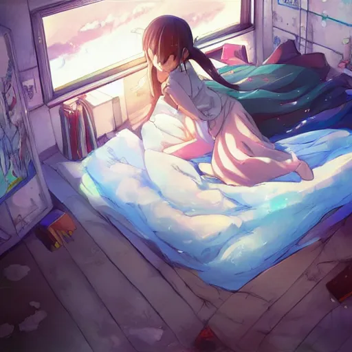 Prompt: topdown digital advanced anime art, girl laying in bed surrounded by teddybears in the style of Makoto Shinkai —N 9 —h 640 —w 480