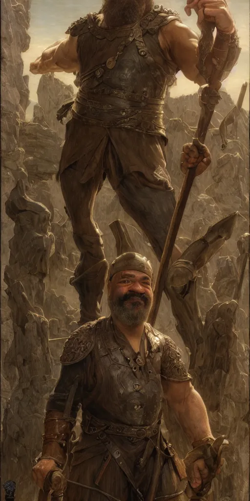 Image similar to jeffrey wright, blacksmith, very long beard, huge and very muscular, smiling hammer, dungeons and dragons, masterpiece by edgar maxence and ross tran and michael whelan, gustav dore, 8 k, octane render