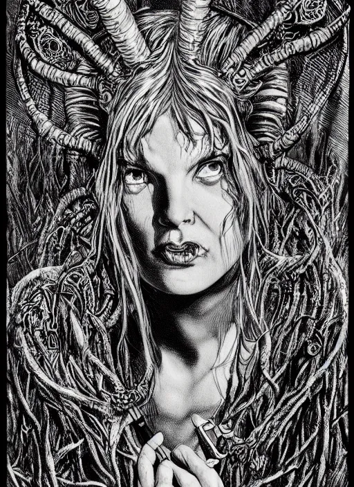 Prompt: portrait of a druid who has pouty lips and horns growing out of her head, D&D, fantasy pen and ink by virgil finlay, trending on artstation, HD, intricate, masterpiece, concept art, character design