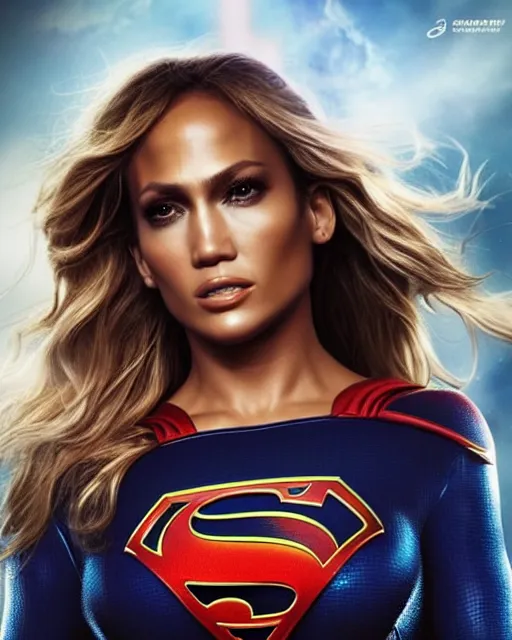 Image similar to 5 5 mm portrait photo of jennifer lopez as supergirl. magical atmosphere. art by artgerm and greg rutkowski. highly detailed 8 k. intricate. lifelike. soft light. nikon d 8 5 0.