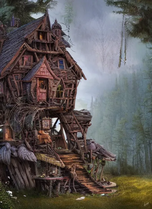 Prompt: highly detailed matte painting of the baba yaga witch's shack which is constructed on top of two giant wooden posts up high that are designed to look like chicken legs with feet, mountain woodlands,, 8 k resolution, by android jones