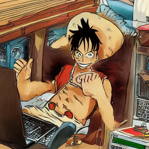 Image similar to luffy working in his laptop top