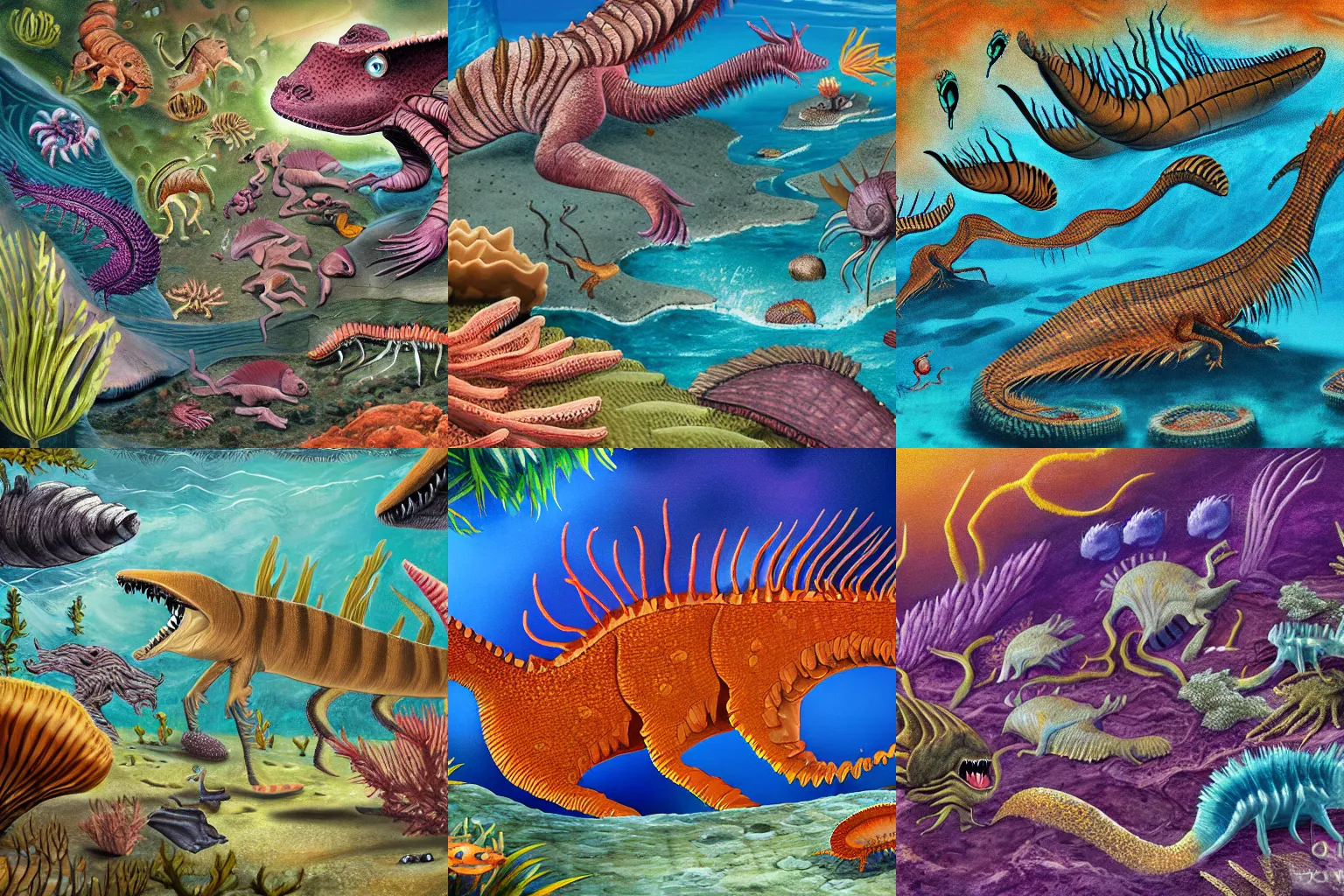 Prompt: Paleoart showing the creatures of the Burgess Shale living in a Cambrian Period coral reef