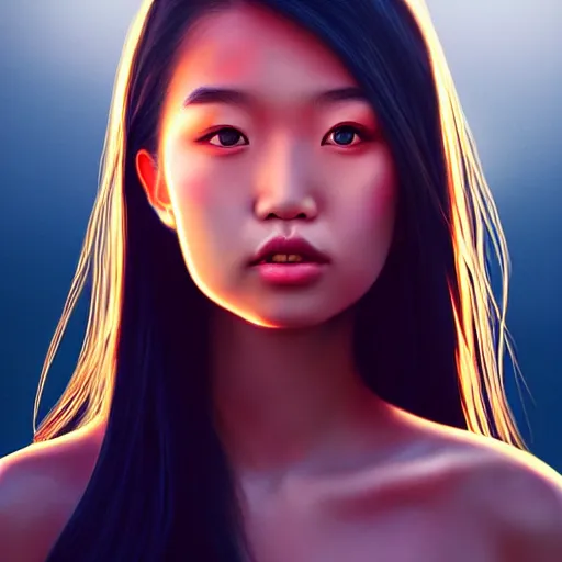 Image similar to a Photorealistic dramatic hyperrealistic bright eyes, Asian girl, beautiful hair, by Sam yang, samdoesart, Beautiful dynamic dramatic bright sunset lighting,shadows,cinematic atmosphere,Artstation,concept design art, digital painting, 8k