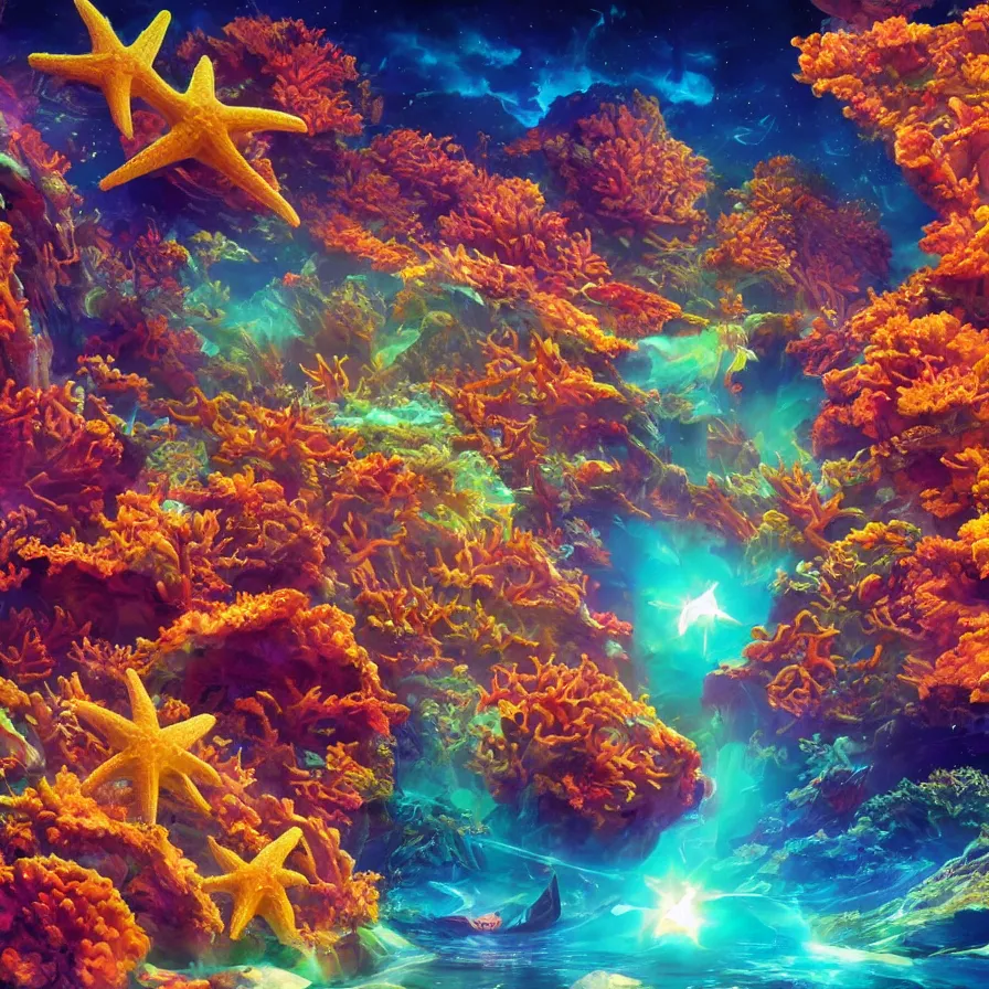 Image similar to album art, anime visuals, of an alien planet made out of different coloured corals, with big starfish, creatures, rocky landscape, floating waterfalls, omni magazine, beautiful space visuals