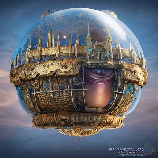 Prompt: enormous flying city in a faberge egg, sky, steampunk, fantasy art, unreal engine, unreal engine