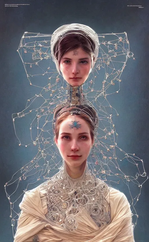 Image similar to portrait of a humanoid robot wearing a veil, mystic, mystical, robot body, wires, robotic, intricate, headshot, highly detailed, digital painting, artstation, concept art, sharp focus, cinematic lighting, digital painting, art by artgerm and greg rutkowski, alphonse mucha, cgsociety