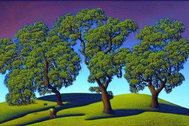 Image similar to masterpiece painting of oak trees on a hillside overlooking a creek, dramatic lighting, by mati klarwein