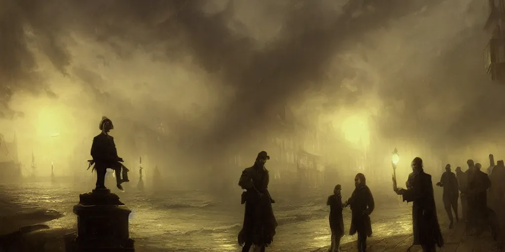 Image similar to streets of innsmouth during the night by the ocean, lovecraftian atmosphere, people standing up in front of the house, mystical fog, oil on canvas, art by andreas achenbach, clemens ascher, tom bagshaw and sabbas apterus,