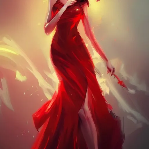 Image similar to a beautiful artwork of a woman with red dress and red hair by riot games, featured on artstation