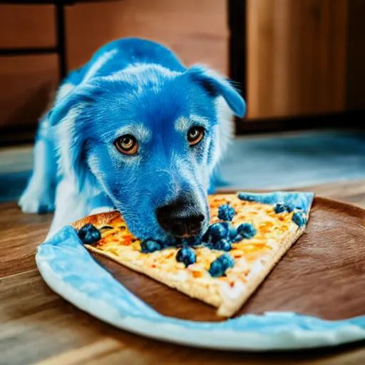 Image similar to blue dog eating blue pizza in a blue house, 4k