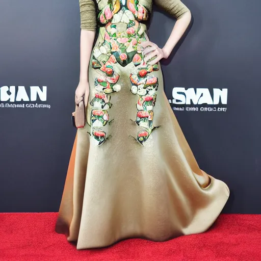 Prompt: elizabeth olsen walking on the red carpet, wearing an avocado stylized body suit, trending on unsplash, 4 k quality, intricate