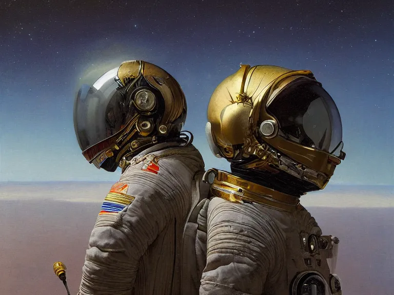 Image similar to a detailed profile oil painting of pilot in a spacesuit with reflective visor, flight suit, portrait symmetrical and science fiction theme with aurora lighting by beksinski carl spitzweg and tuomas korpi. baroque elements, full-length view. baroque element. intricate artwork by caravaggio. Trending on artstation. 8k