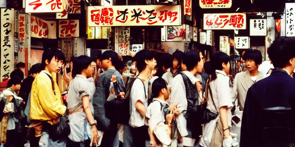 Image similar to street photography of an izakaya midday, people in 9 0 s fashion, in tokyo shinjuku, shot on kodak gold with a canon 3 5 mm lens aperture f / 5. 6, masterful photography by haruto hoshi and yang seung - woo and saul leiter, hyper - realistic