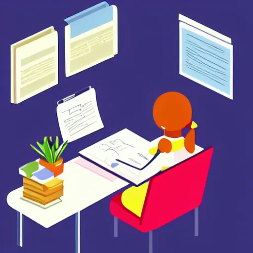 Prompt: cartoon woman reading papers at a desk, 8-color, vector, isometric, sharp edges, simple