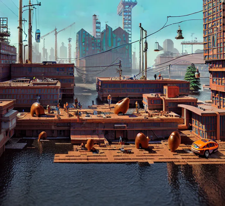 Image similar to hyperrealism photography hyperrealism concept art of highly detailed beavers builders that building highly detailed futuristic ( cyberpunk ) city by wes anderson and hasui kawase and scott listfield sci - fi style hyperrealism rendered in blender and octane render volumetric natural light