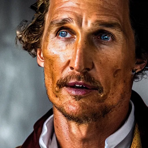 Image similar to [UHD candid photo of Matthew McConaughey as Sherlock Holmes, running down the streets of futuristic steampunk London, correct face, accurate facial details, graphic detail, sharp focus, photo by Annie Leibowitz]