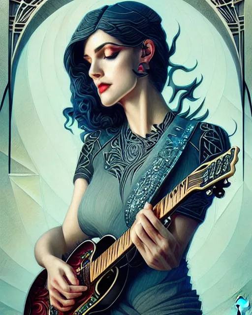 Image similar to Beautiful and playful rock guitarist portrait, art deco, fantasy, intricate art deco leaf designs, elegant, highly detailed, sharp focus, art by Artgerm and Greg Rutkowski and WLOP