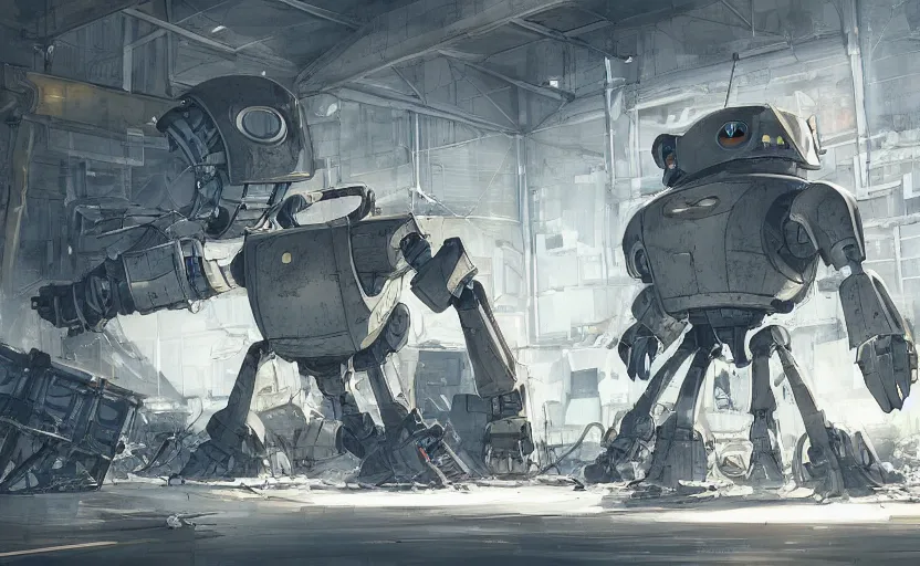 Image similar to a huge broken robot standing in a mess warehouse, artstation, studio ghibli, miyazaki, highly details