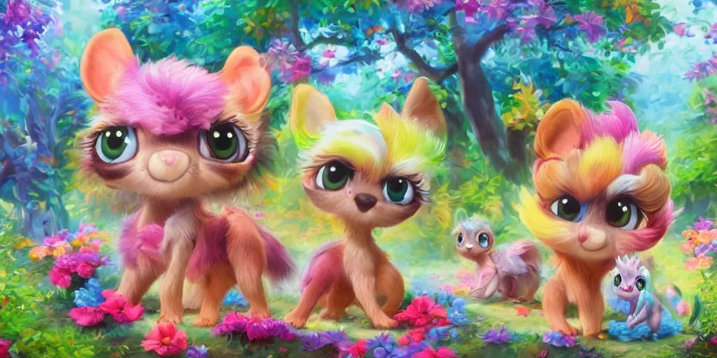 Prompt: 3d Littlest Pet Shop colorful animal, forest, realistic fur, glitter, master painter and art style of Noel Coypel, art of Émile Eisman-Semenowsky, art of Édouard Bisson