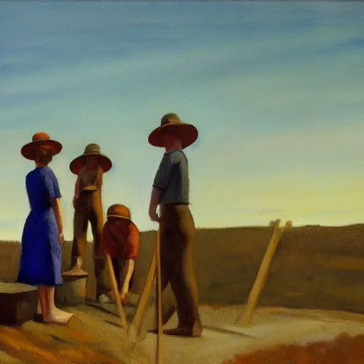 Prompt: “a painting of a group of people digging a well in the Spanish mountains, the sun burning in the sky, in the style of Edward hopper”