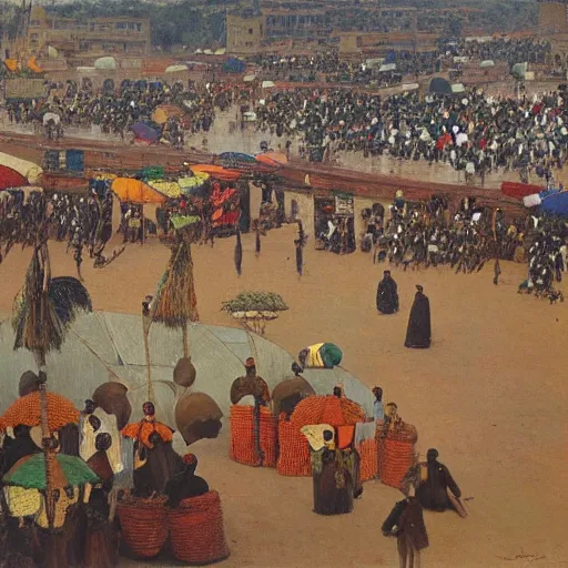Prompt: dahomey officials with completely flat colorful umbrellas in ahomey's huge main square, from above, 1905, highly detailed, oil on canvas, by ilya repin