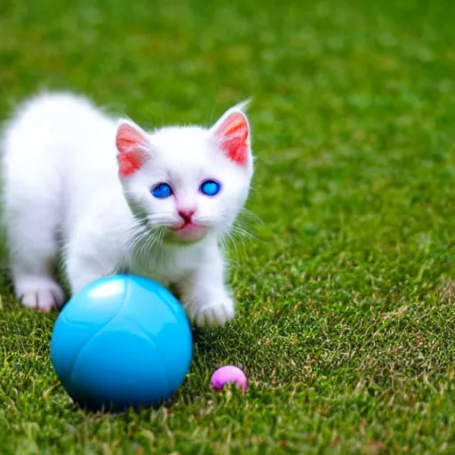 Prompt: a white kitten with light blue eyes playing with a ball at a park