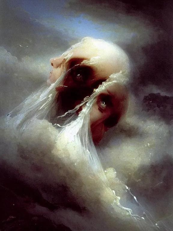 Image similar to painting by ivan aivazovsky of a flying sorrowful looking human head with tears running down it's eyes, face that is chalk white in color, with long sprawling white tentacles stemming down it's neck, fiery scorching red eyes, flying in a terrying hellish dark cavernous place