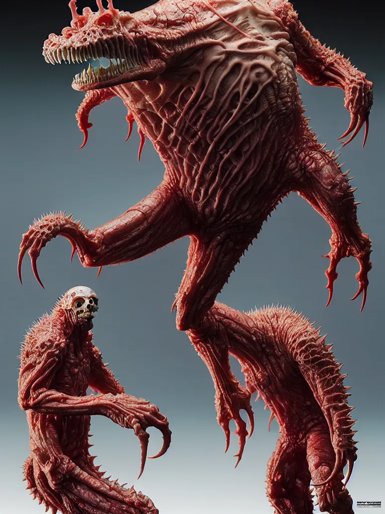 Prompt: hyperrealistic rendering, fat smooth cronenberg flesh monster transparent kaiju with skull and spine by donato giancola and greg rutkowski and wayne barlow and zdzisław beksinski, product photography, action figure, sofubi, studio lighting, colored gels, colored background