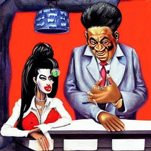 Prompt: beautiful lifelike painting of flava flav and amy winehouse buying a massage parlour in north korea, hyperreal detailed facial features and uv lighting, art by ed roth and basil wolverton