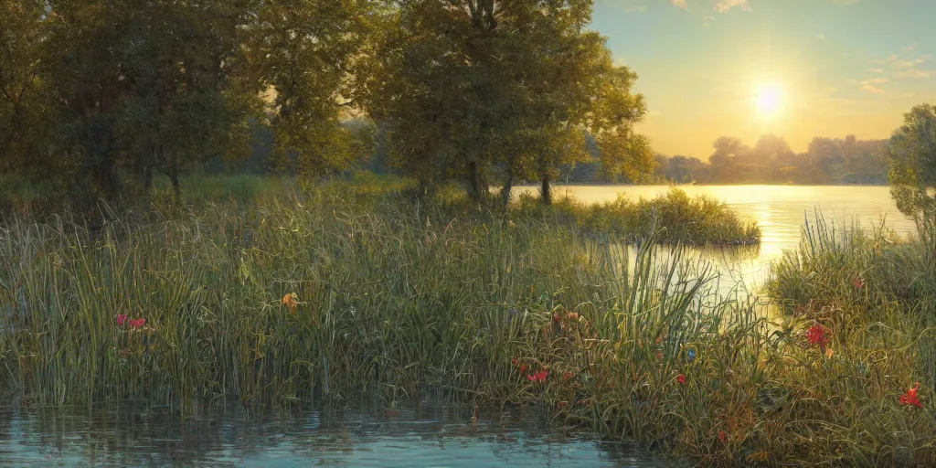 Prompt: a beautiful lake landscape on christmas, romantic ambiente, no people, tall grown reed on riverbank, no mountains, clear sky, sunshine, colorful, by Mohrbacher and Moebius and Alphonse Mucha and Roger Deakins, cinematic lighting, masterpiece, highly detailed, 8k resolution, trending on art station