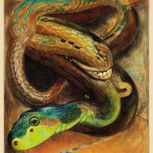 Prompt: A beautiful collage of a snake eating its own tail that seems to go on forever. electric color by Kurt Schwitters, by Henry Ossawa Tanner