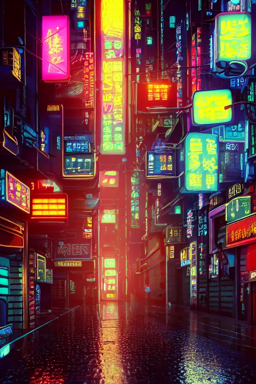 Prompt: isometric view of a cyberpunk neo-Tokyo street with illuminated signs and wet pavement, by Andrei Riabovitchev, Shaun Tan, Peter Mohrbacher and Takayuk, cinematic, realistic, intricate detail, finely detailed, small details, extra detail, photorealistic, high resolution, 3D, PBR, path tracing, volumetric lighting, octane render, arnold render, 8k