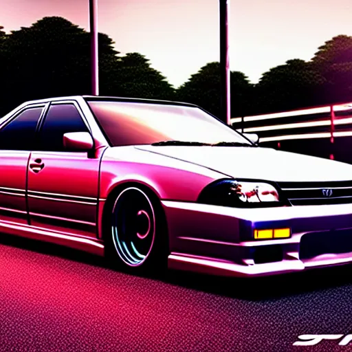 Image similar to a car Toyota Chaser twin-turbo at illegal car meet, Saitama prefecture, city sunset mist neon lights, cinematic color, photorealistic, highly detailed, 200MM