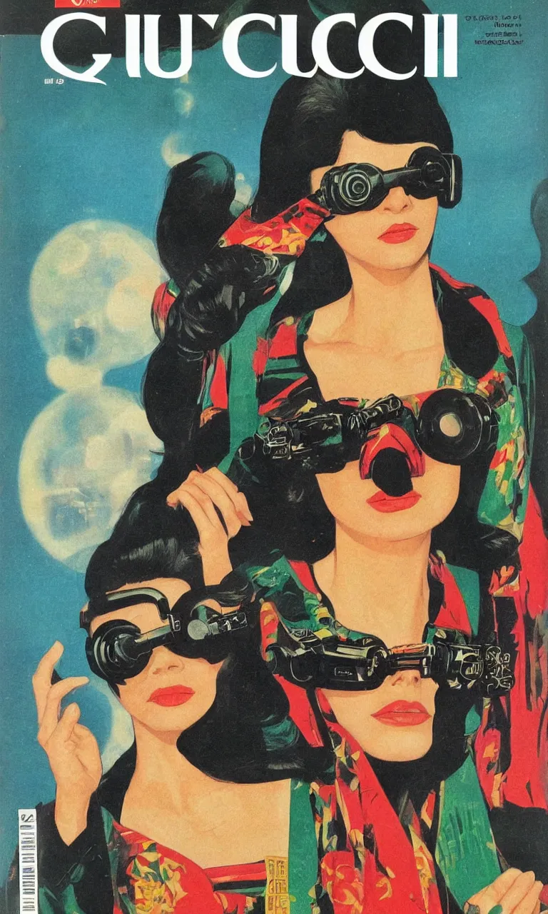 Image similar to 1979 OMNI Magazine Cover depicting a portrait of a Beautiful woman wearing a Gucci kimono and AR goggles, qAkira style by Vincent Di Fate