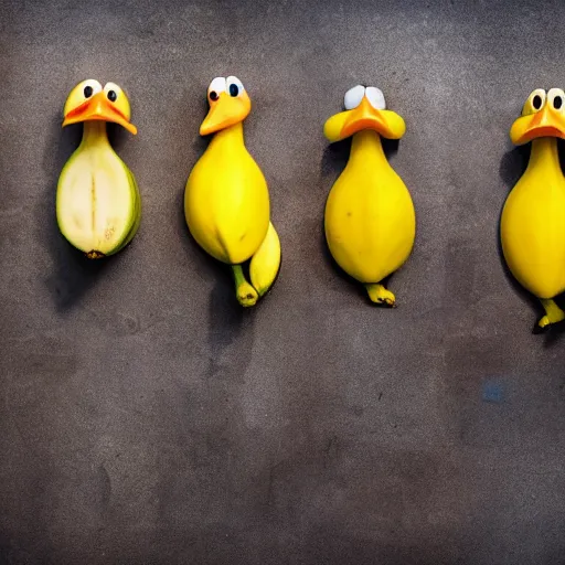 Image similar to professional photograph of banana ducks, peeled bananas with googly eyes and duck beaks